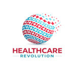 Healthcare Revolution logo featuring a digital globe made of red and blue medical cross icons, symbolizing global healthcare innovation and transformation.