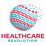 Healthcare Revolution logo featuring a digital globe made of red and blue medical cross icons, symbolizing global healthcare innovation and transformation.